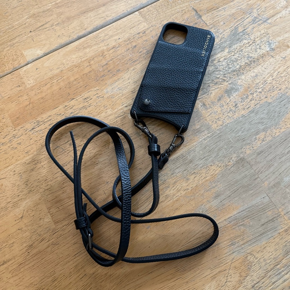 Bandolier Emma / Black Leather Phone Case with Long Strap